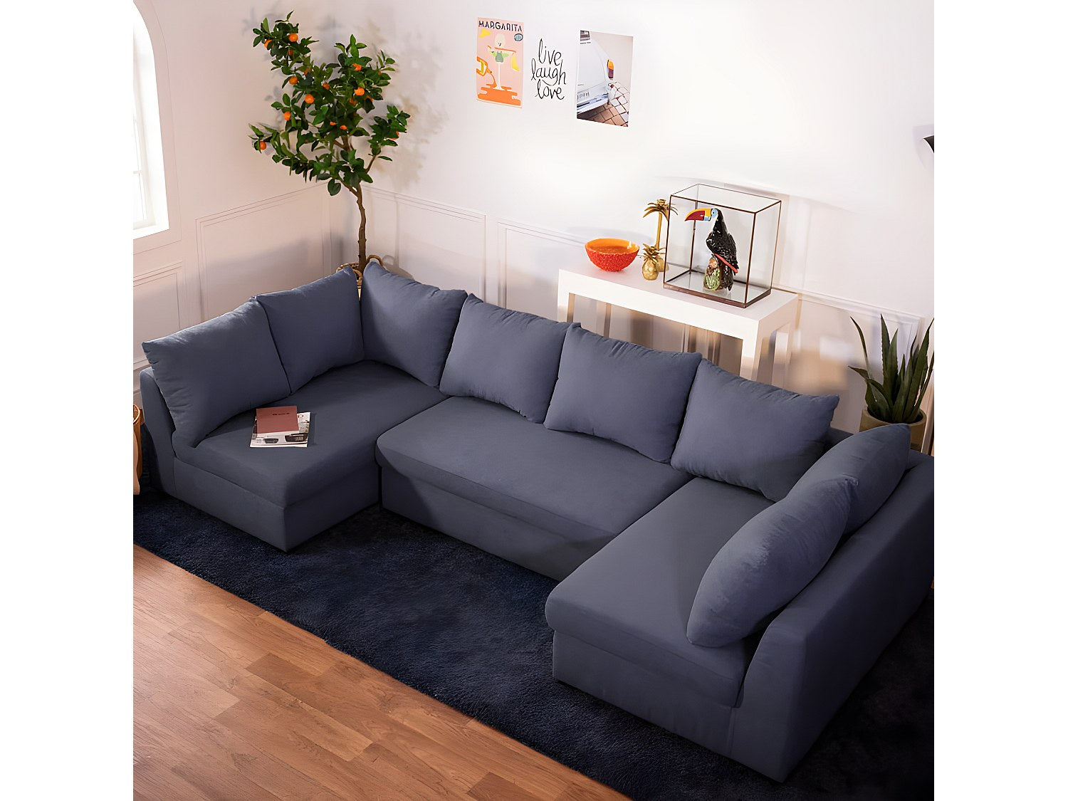 Canapé modulable 5 places bleu tissu