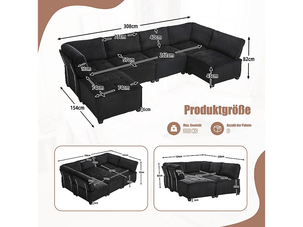 Canapé modulable 6 places noir velours
