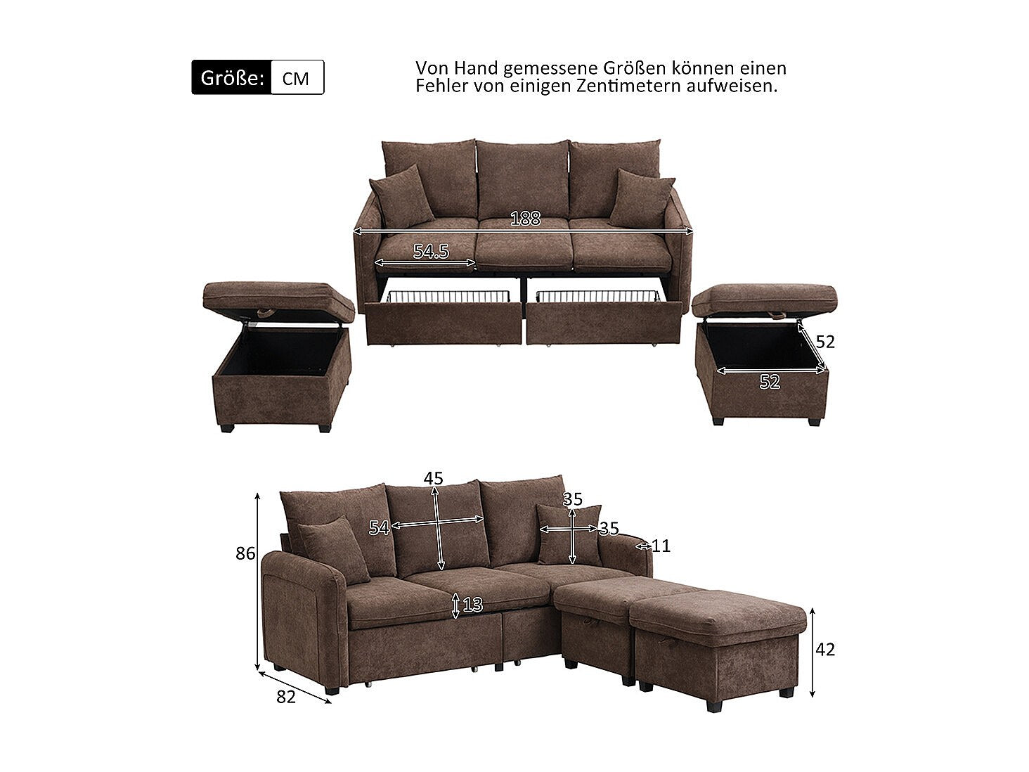 Canapé modulable 3 places marron tissu
