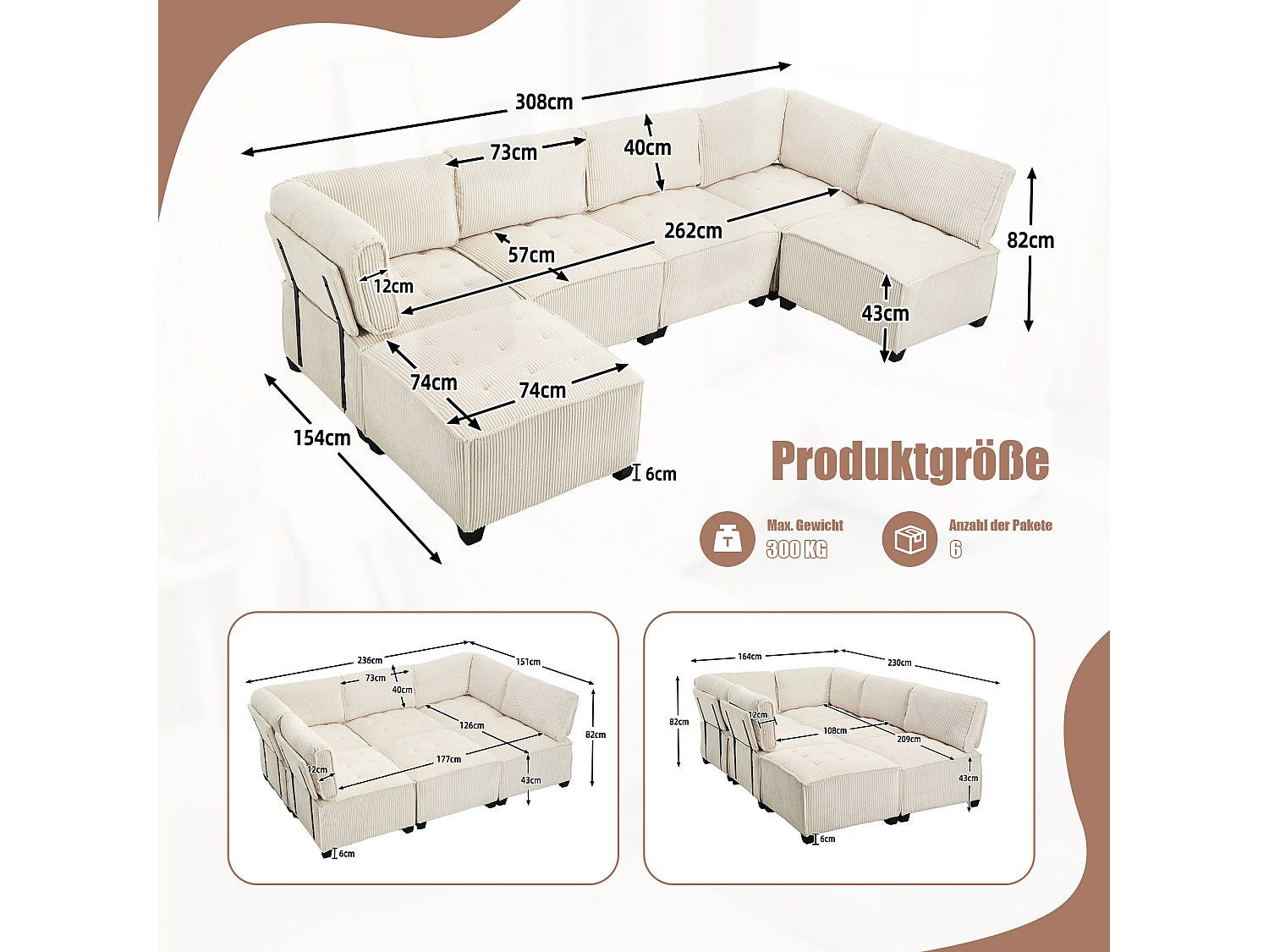 Canapé modulable 6 places beige velours
