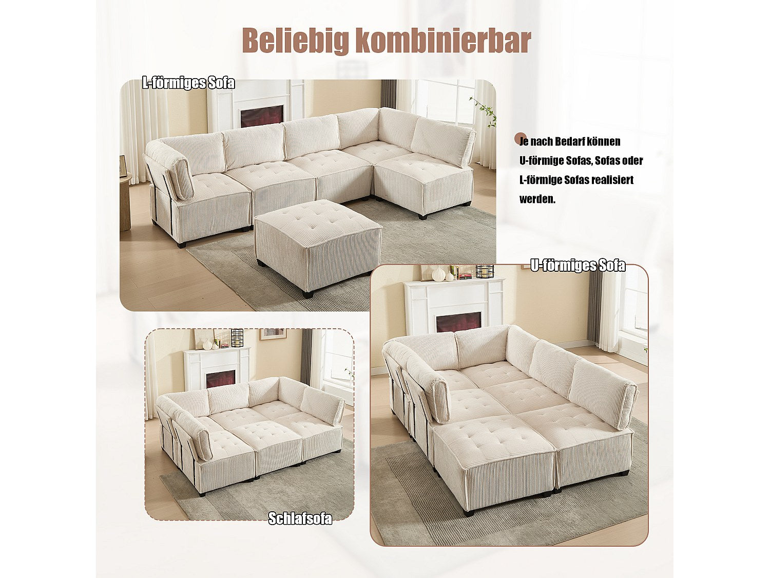 Canapé modulable 6 places beige velours