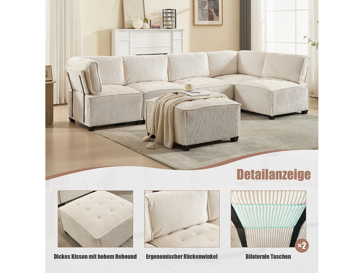 Canapé modulable 6 places beige velours