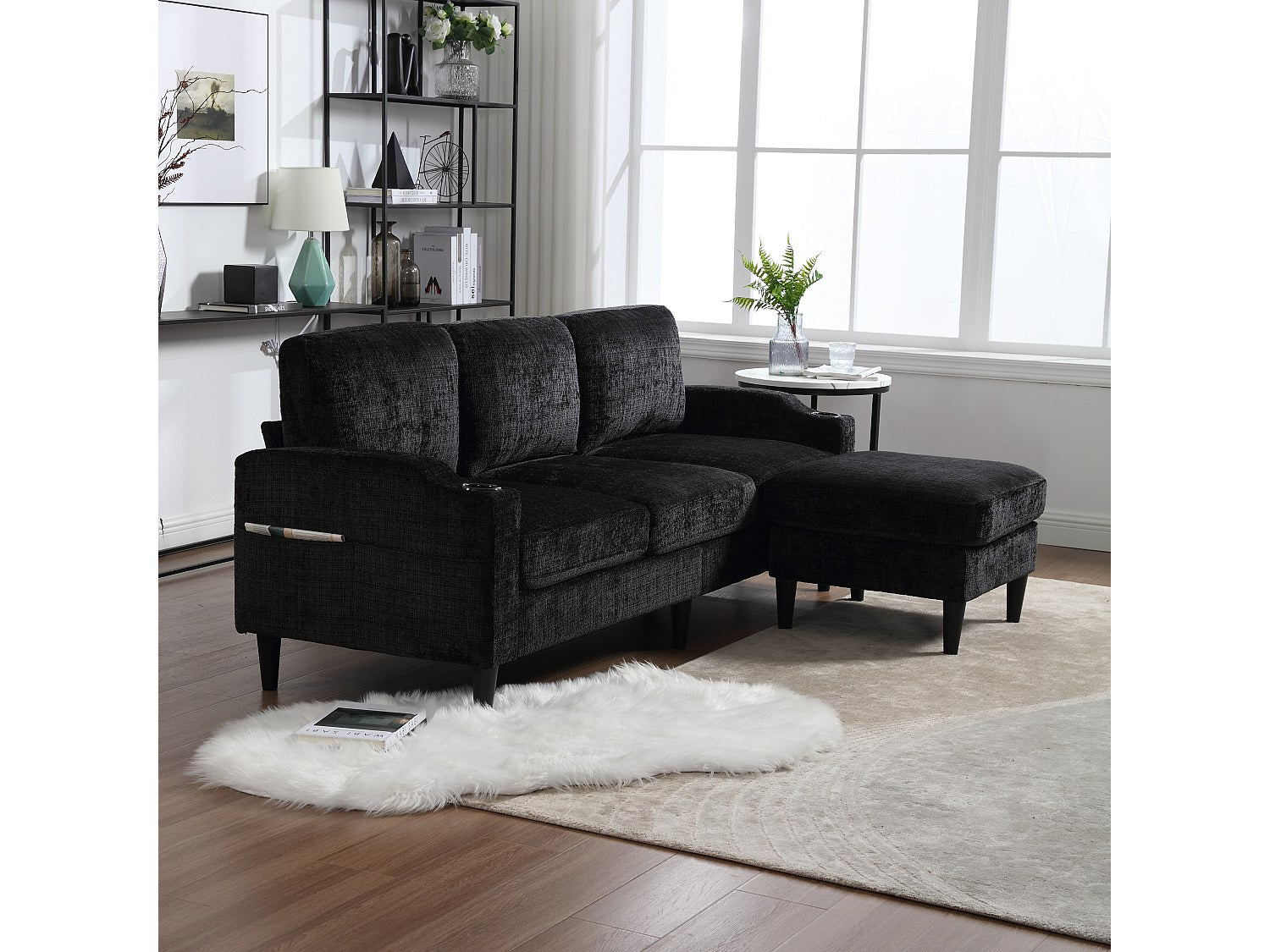 Pouf pour canapé modulable 4 places noir tissu