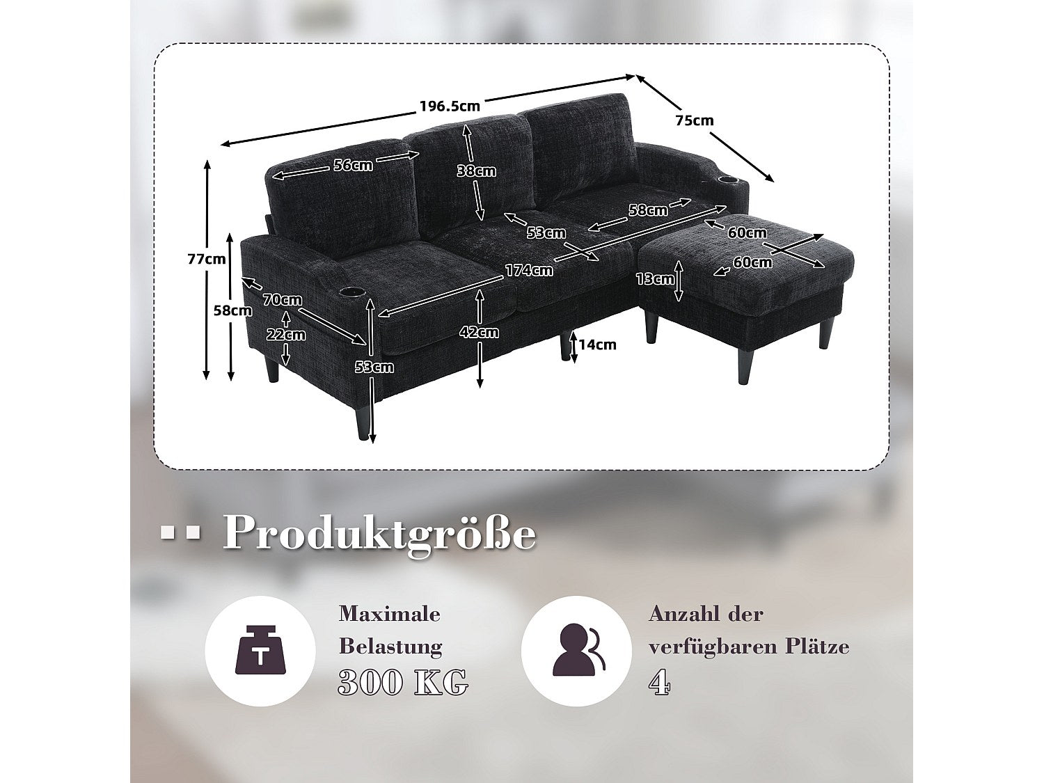 Pouf pour canapé modulable 4 places noir tissu