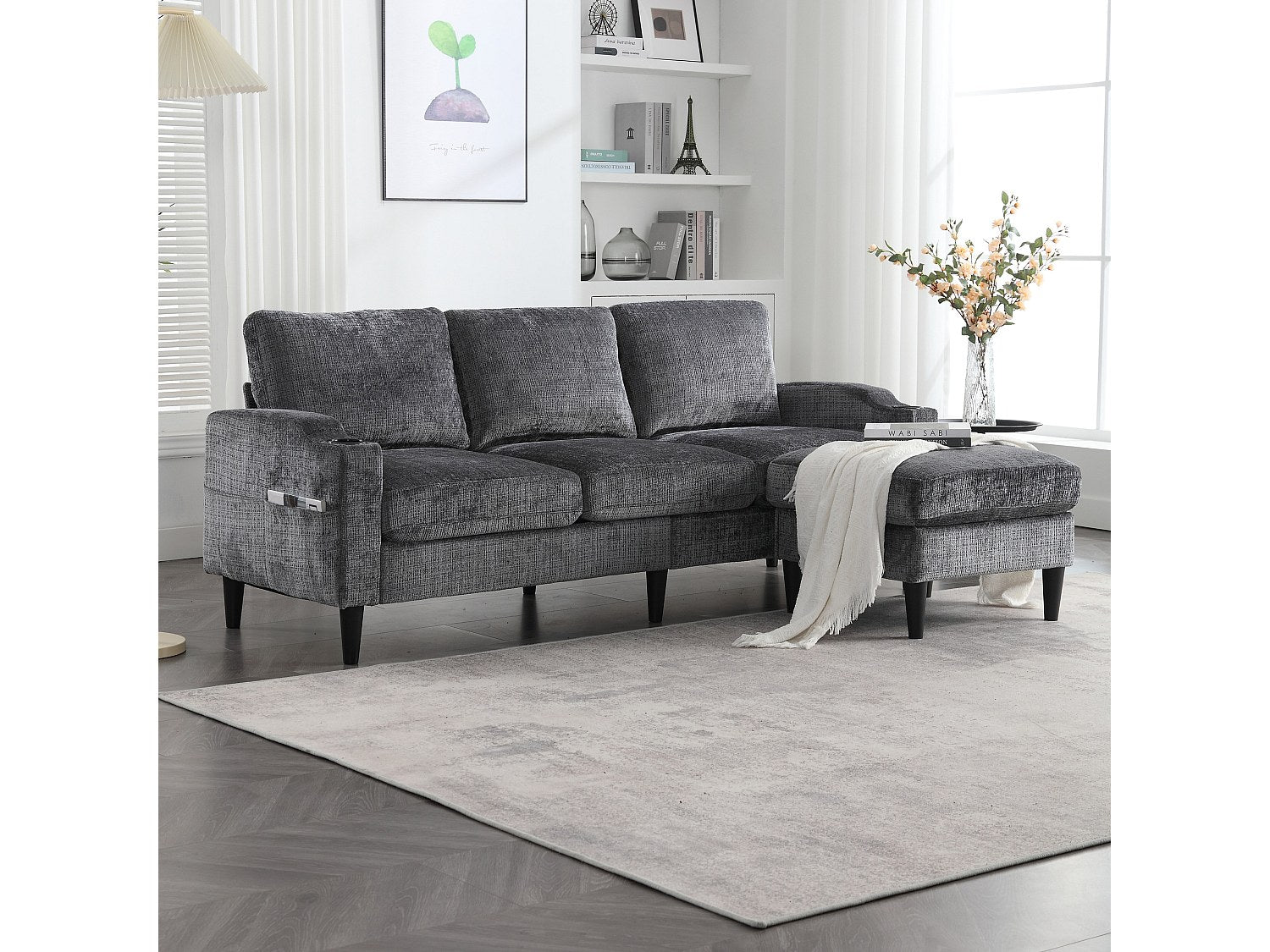 Pouf pour canapé modulable 4 places gris tissu