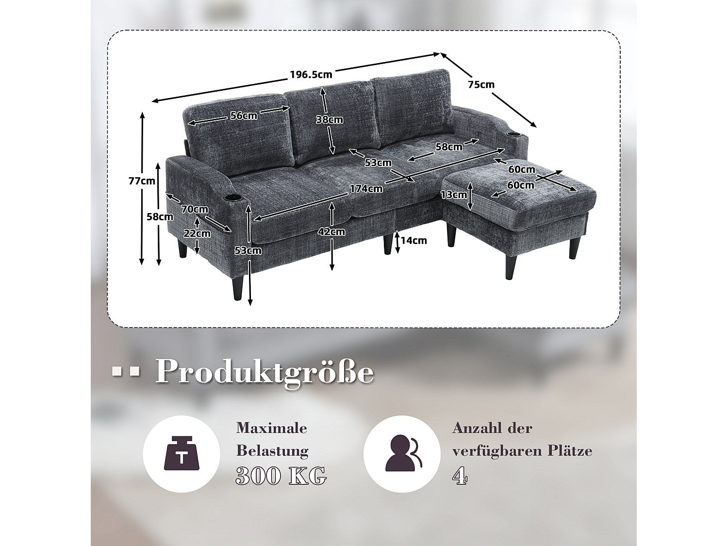 Pouf pour canapé modulable 4 places gris tissu