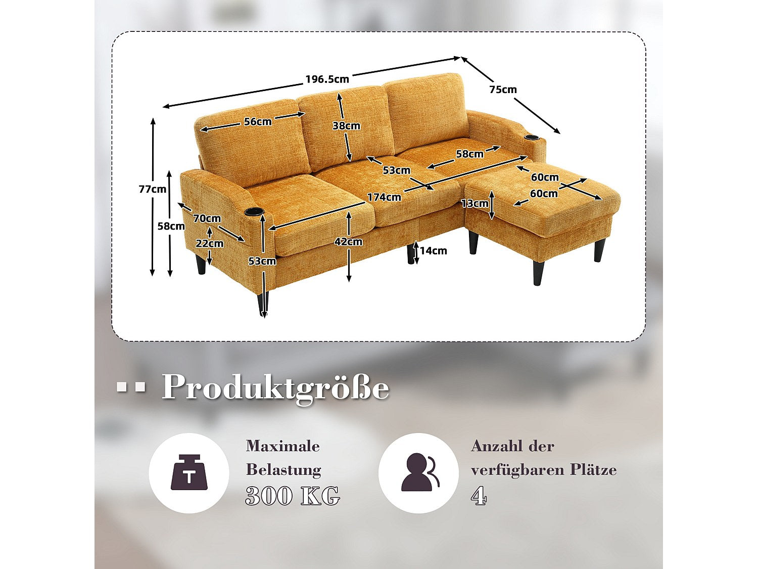 Pouf pour canapé modulable 4 places jaune tissu