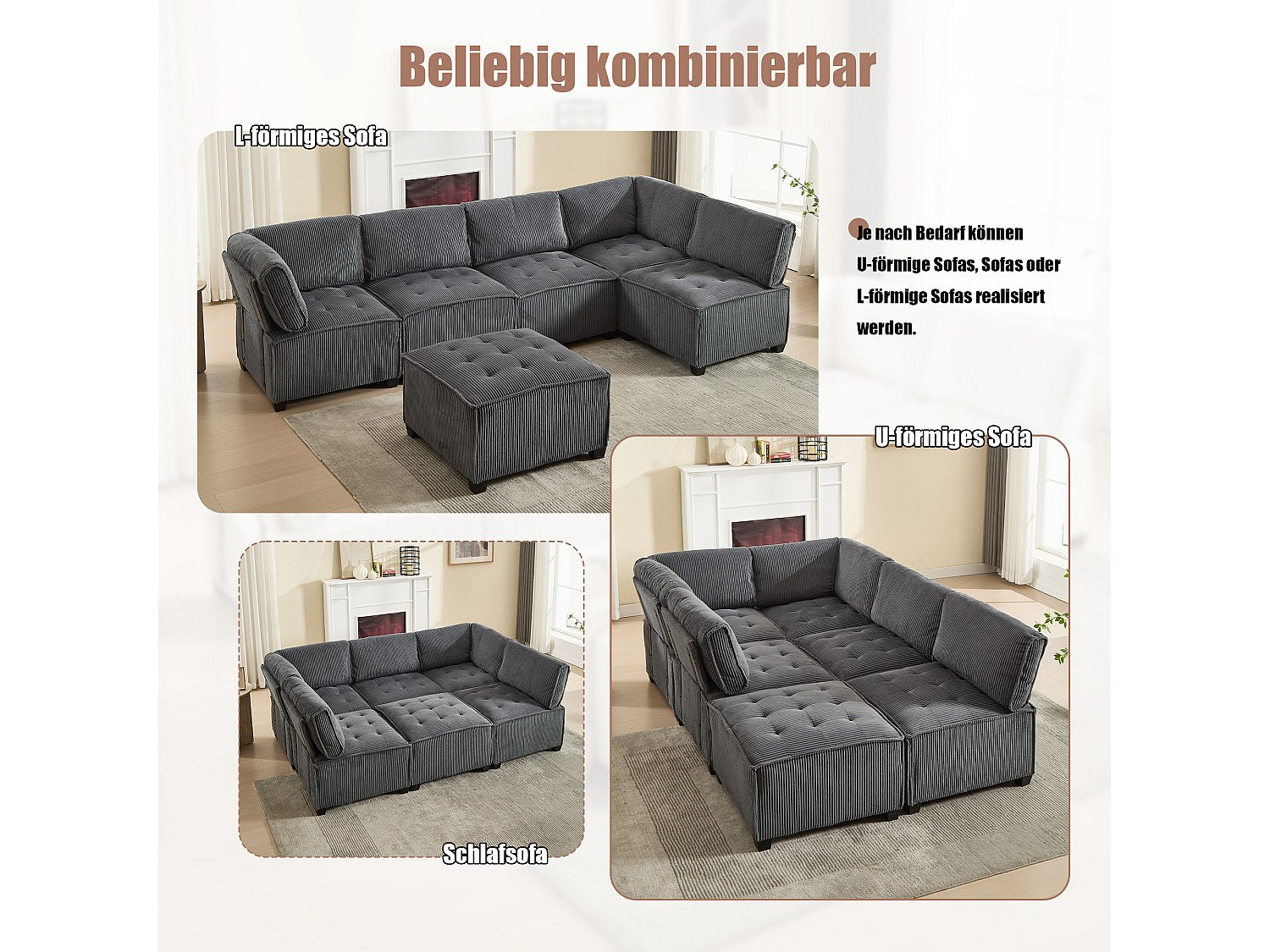 Canapé modulable convertible 6 places gris tissu