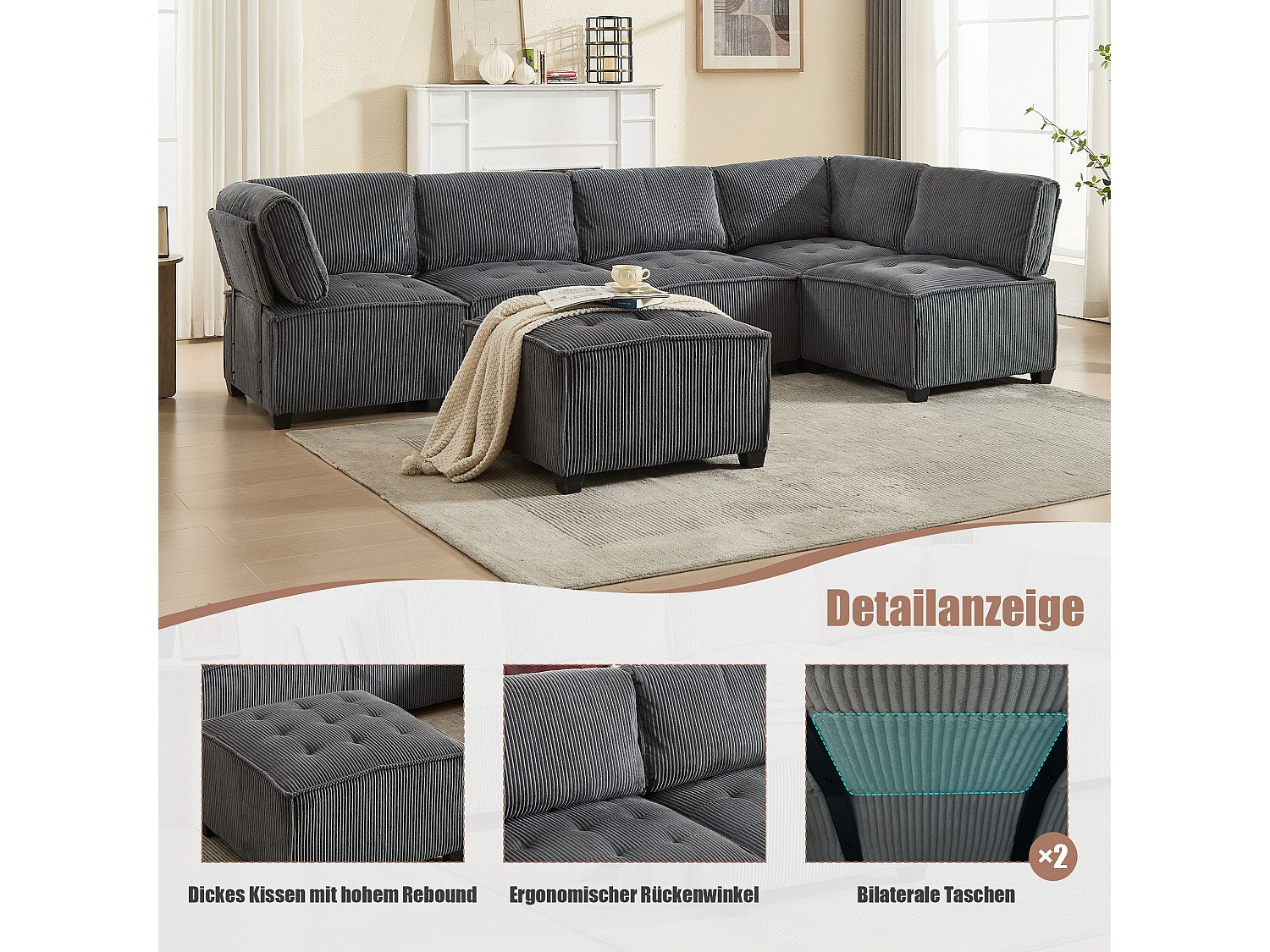 Canapé modulable convertible 6 places gris tissu