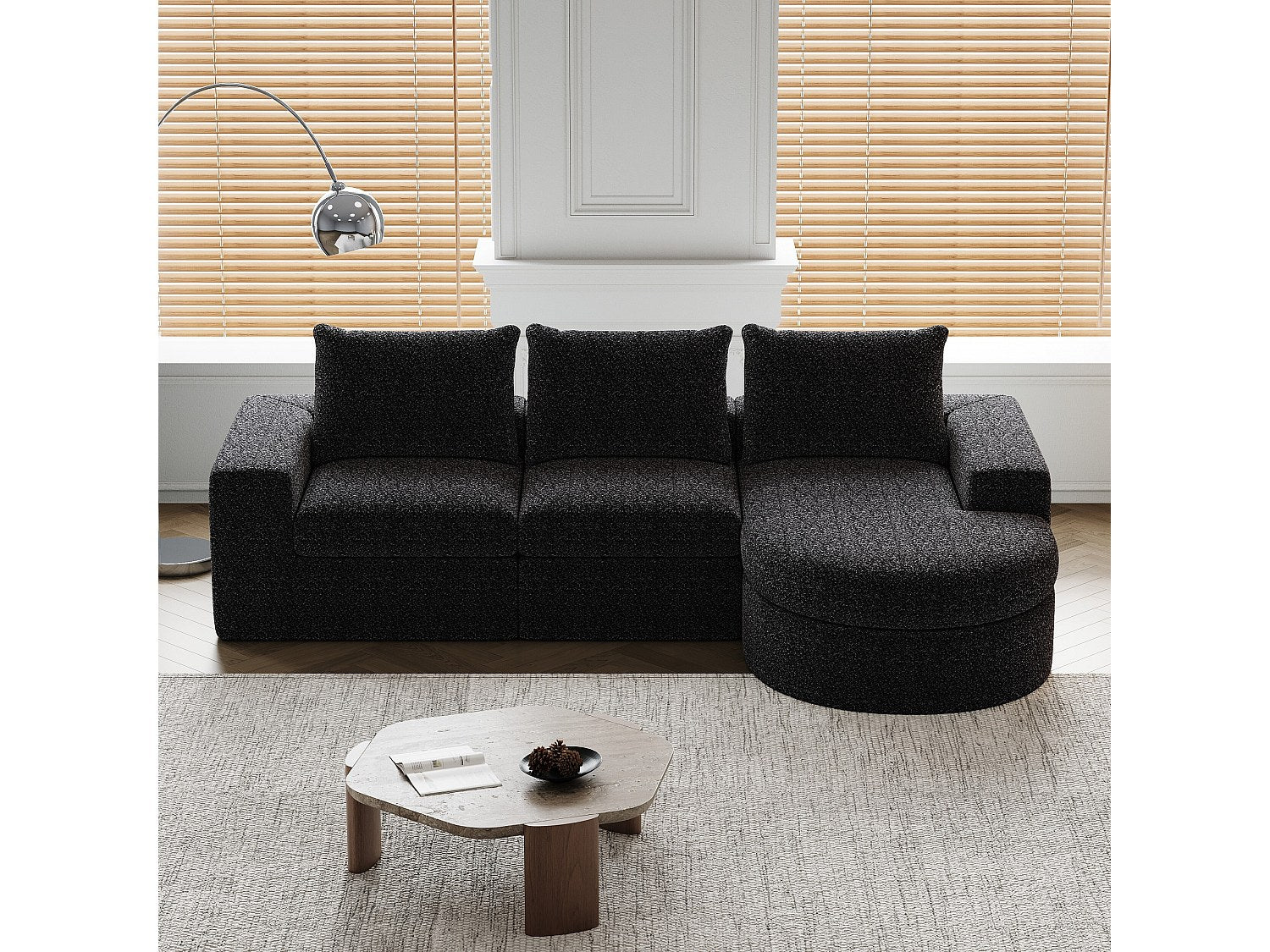Méridienne pour canapé modulable 3 places noir tissu