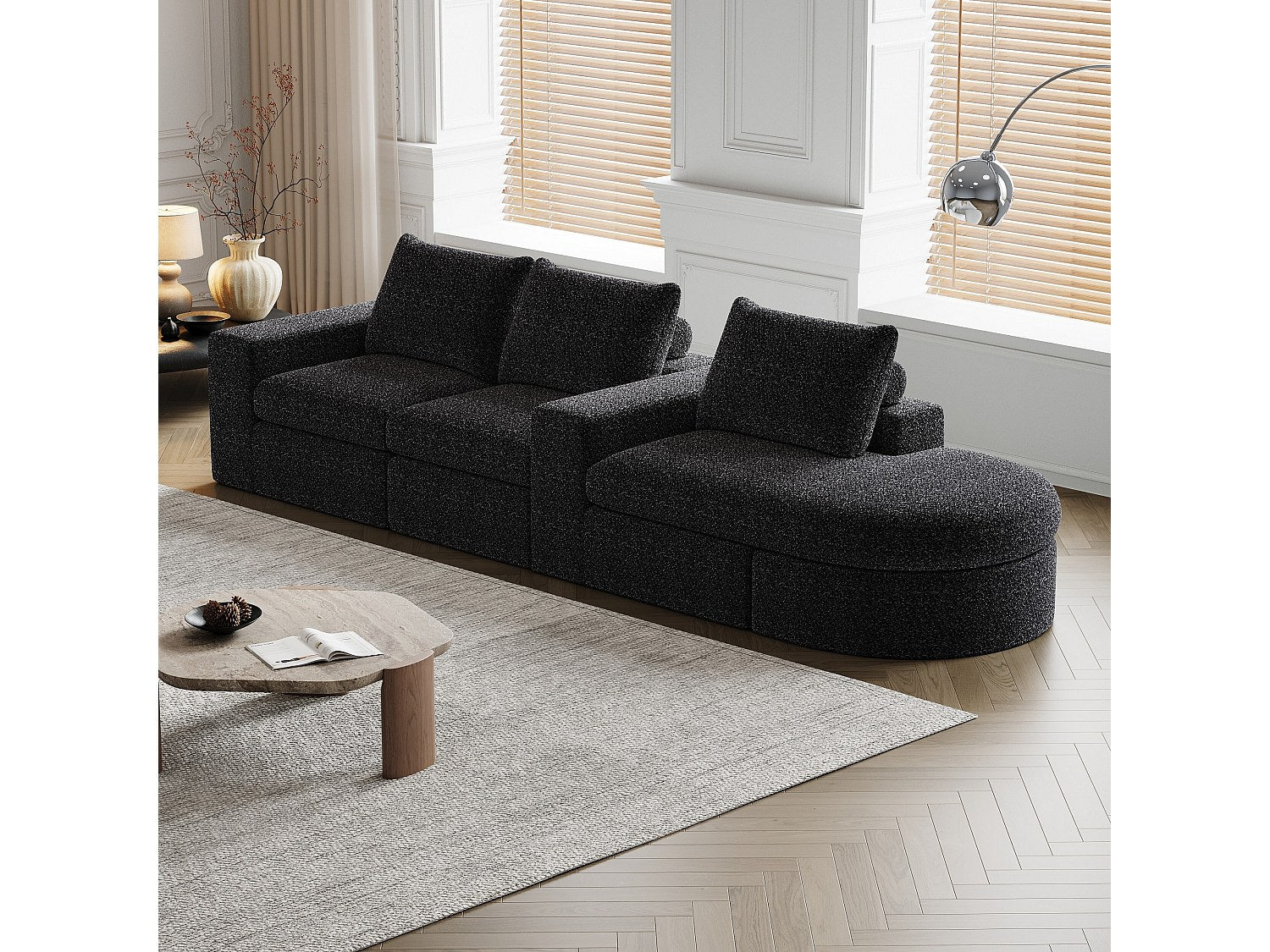Méridienne pour canapé modulable 3 places noir tissu