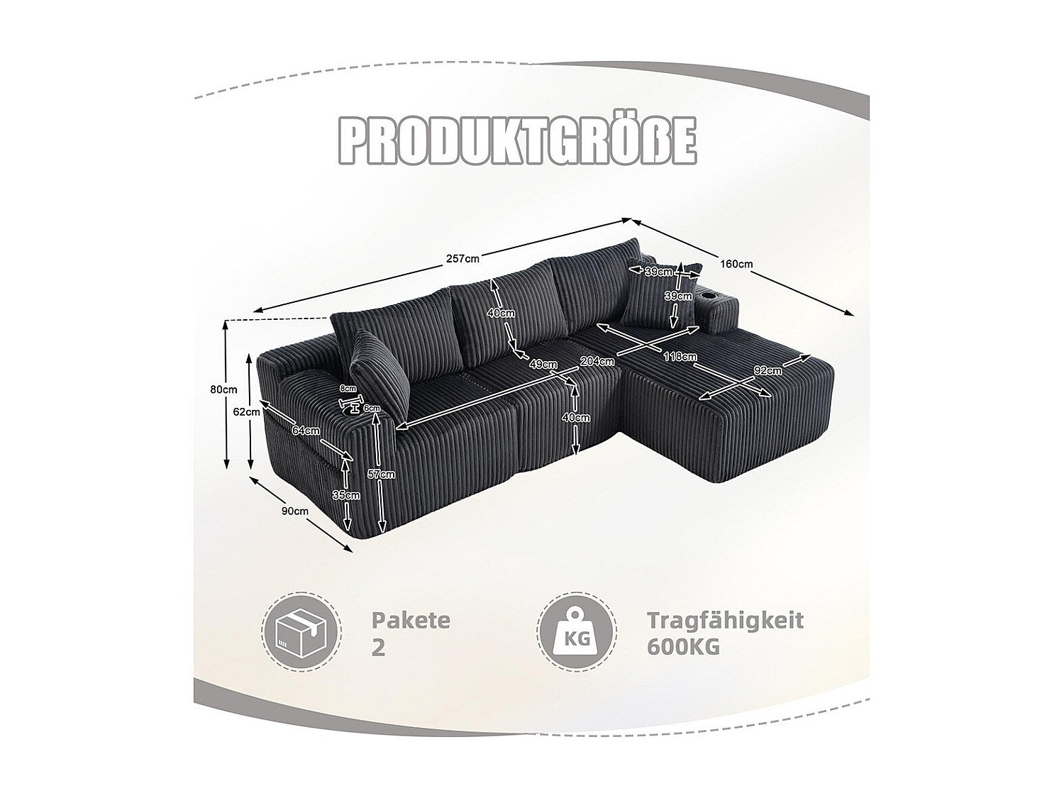 Canapé modulable 2 places gris velours