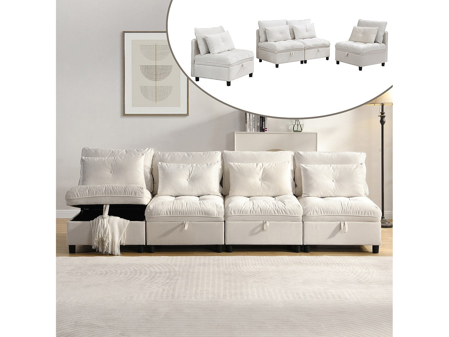 Canapé modulable convertible 4 places beige velours