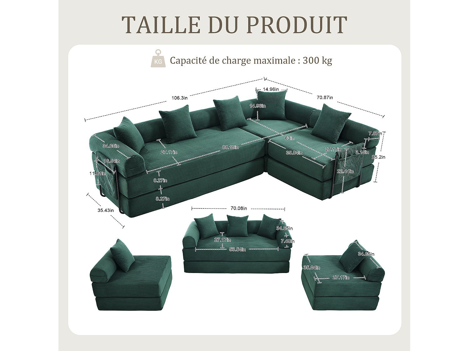 Canapé modulable convertible 5 places vert tissu