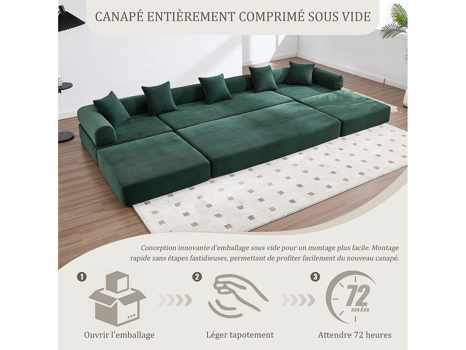 Canapé modulable convertible 5 places vert tissu