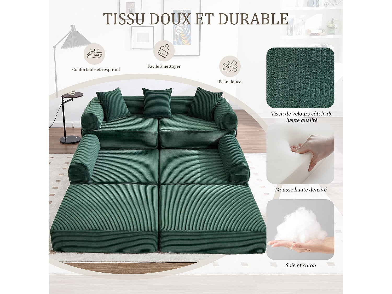Canapé modulable convertible 5 places vert tissu