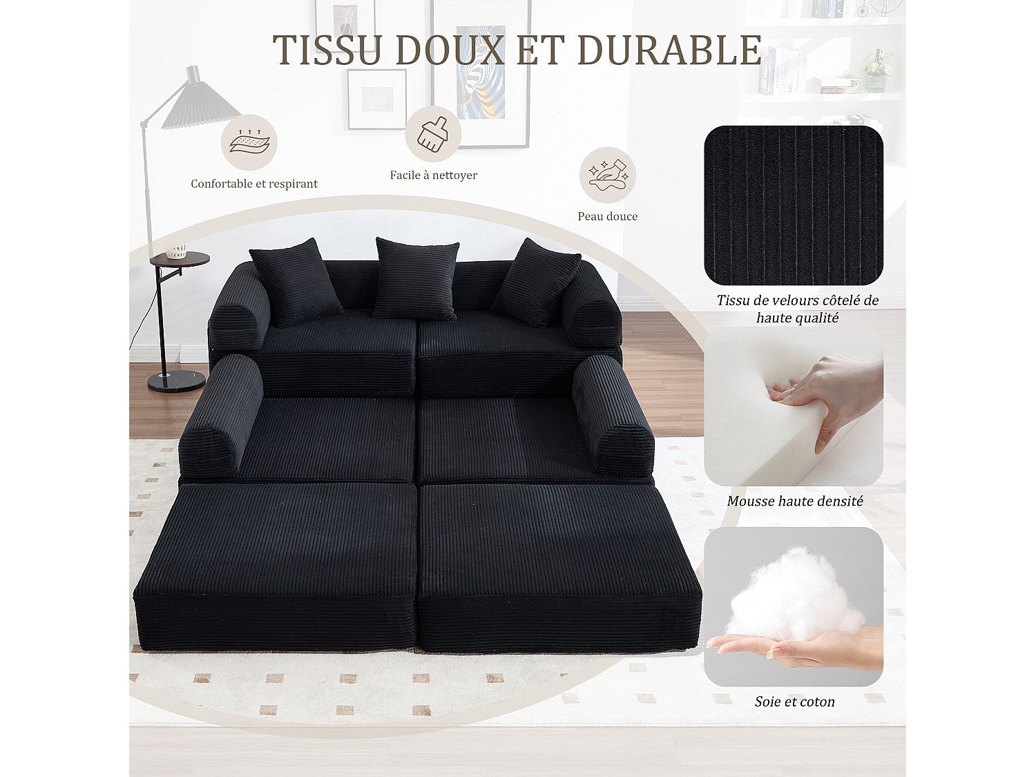 Canapé modulable convertible 5 places noir tissu