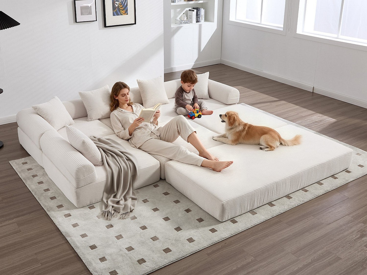 Canapé modulable convertible 5 places beige tissu