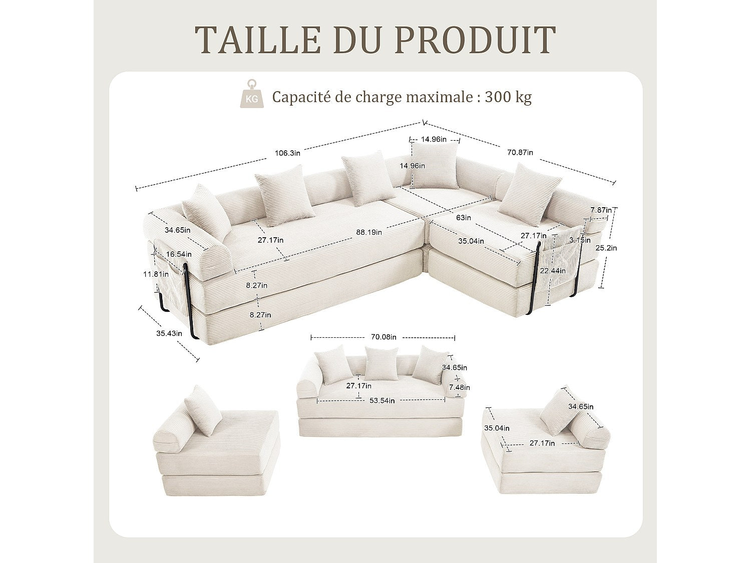 Canapé modulable convertible 5 places beige tissu
