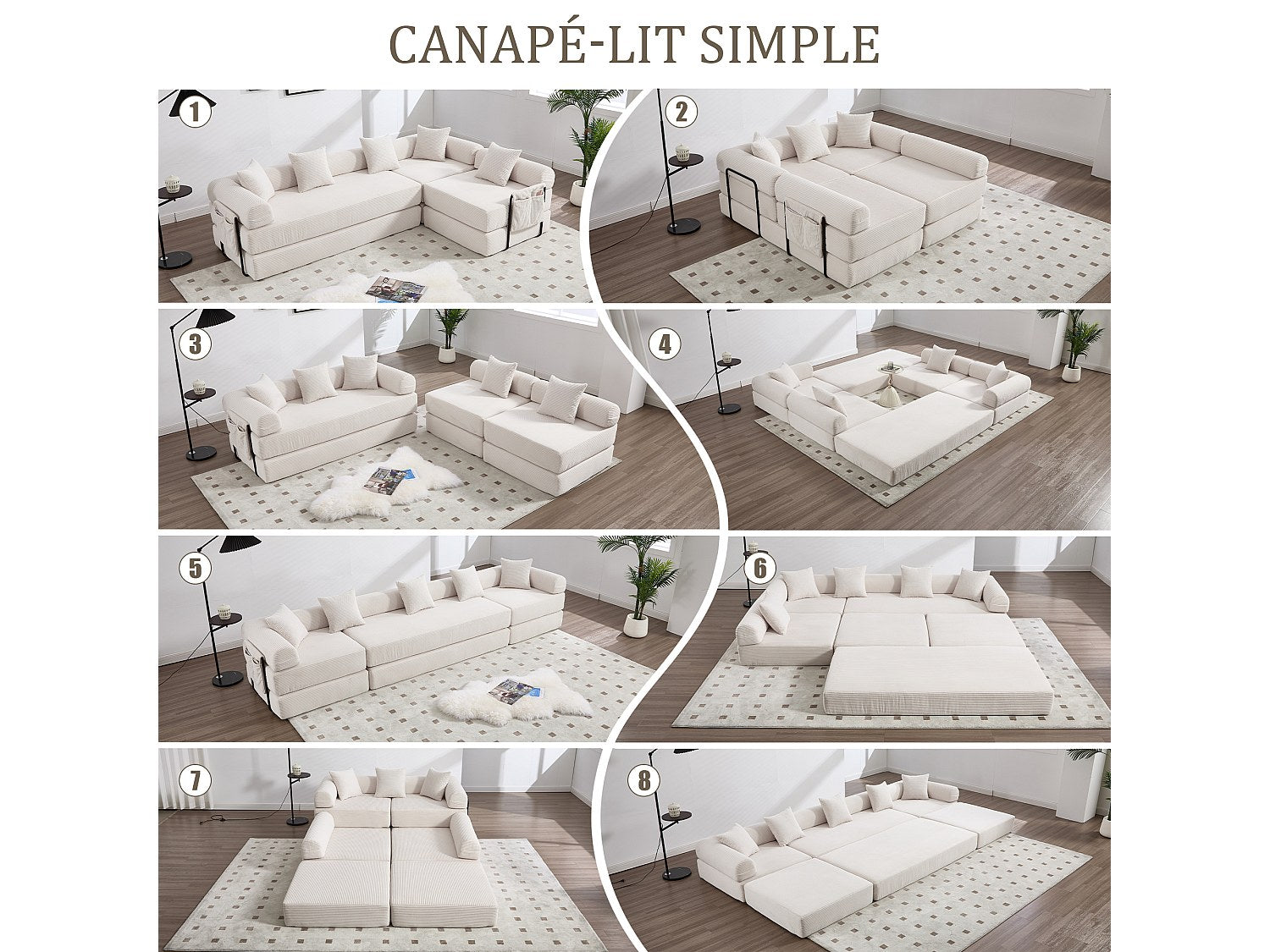 Canapé modulable convertible 5 places beige tissu