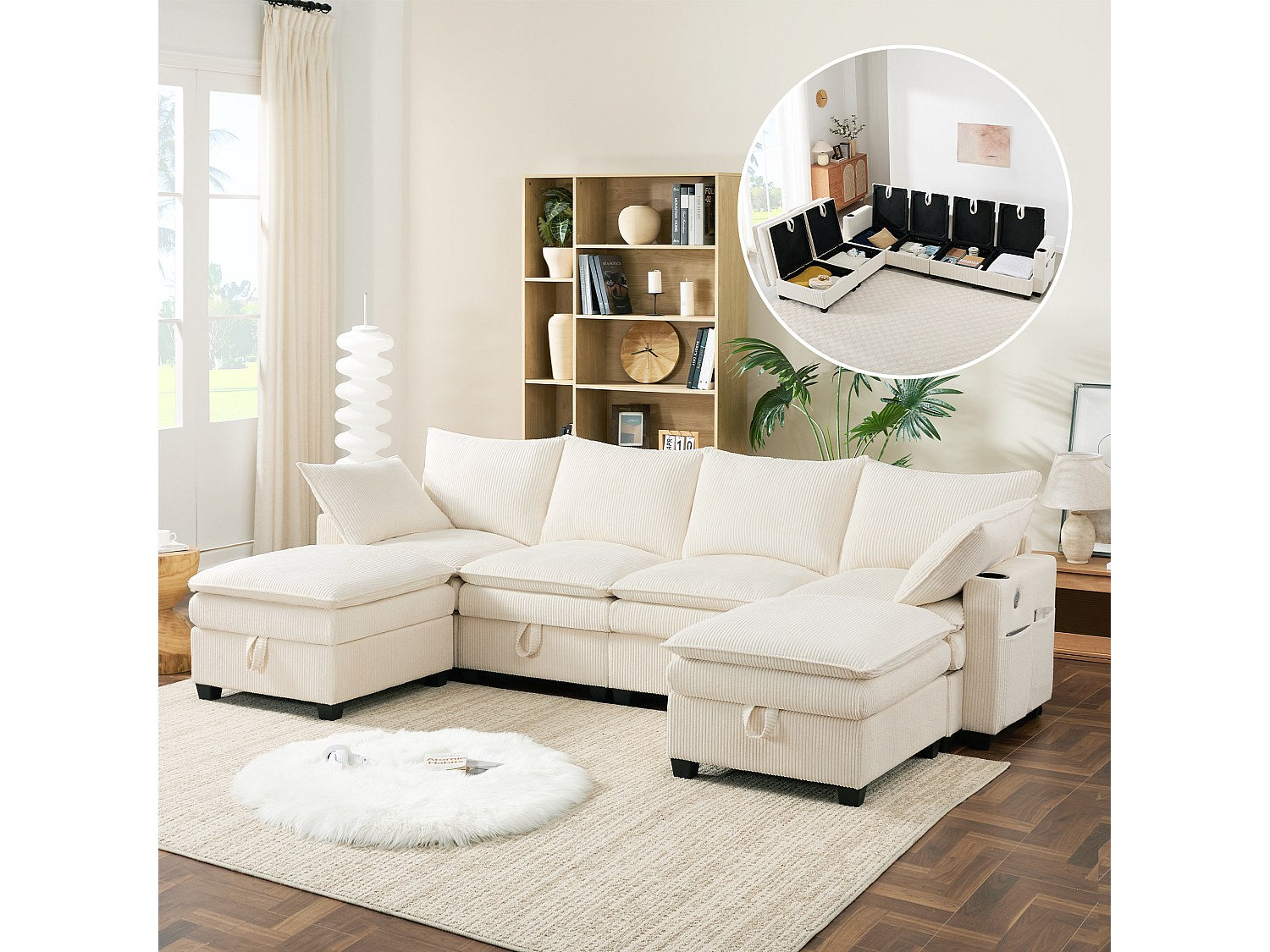 Canapé modulable 6 places beige velours