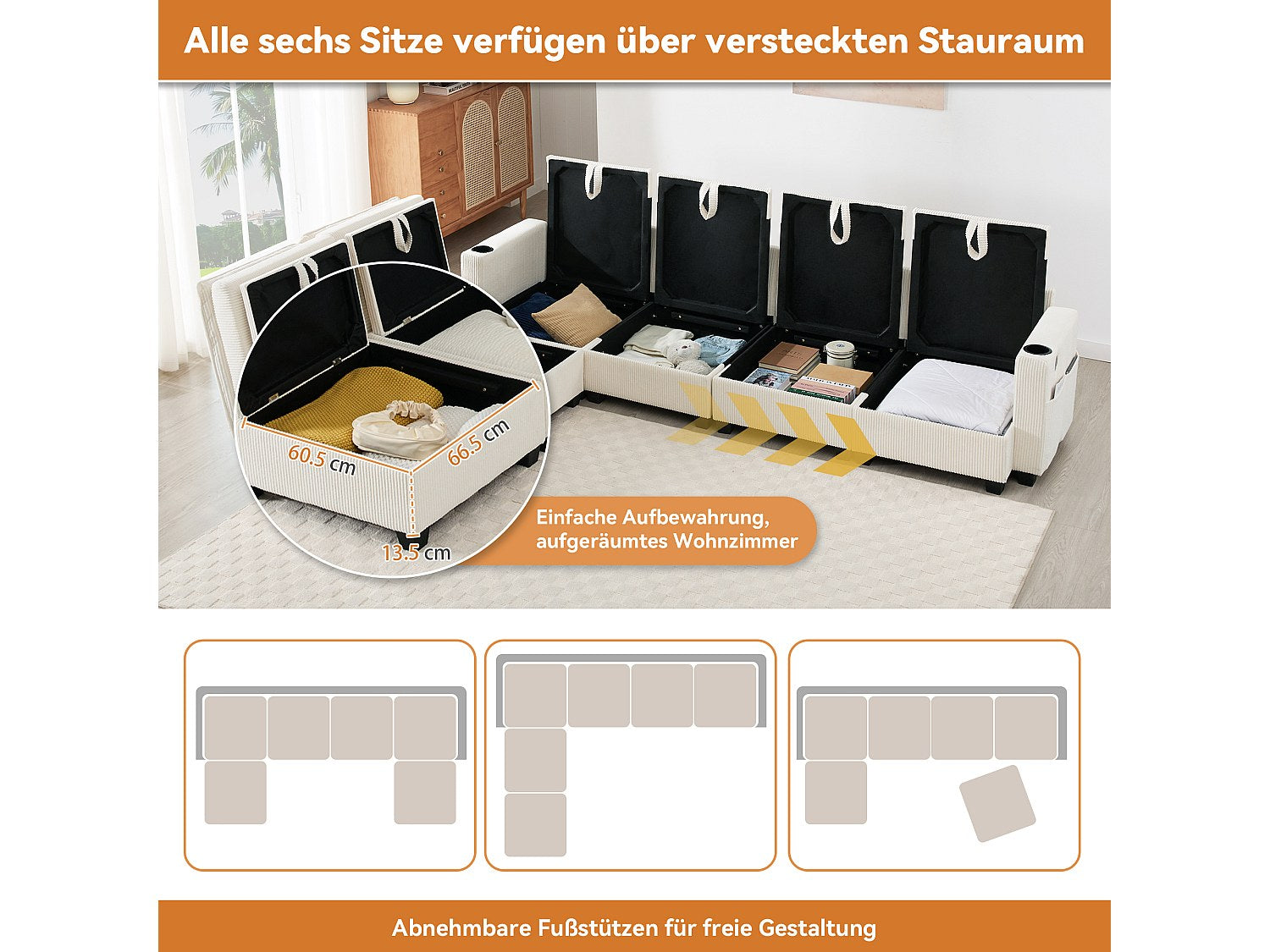 Canapé modulable 6 places beige velours