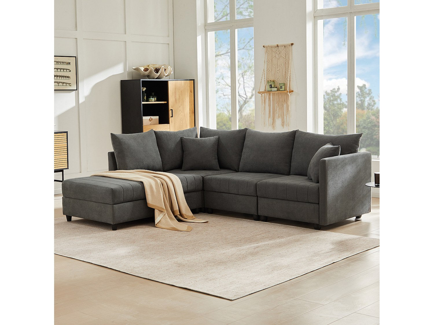 Canapé modulable convertible 5 places gris tissu