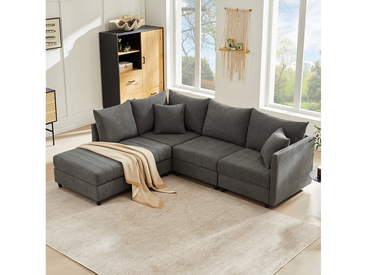 Canapé modulable convertible 5 places gris tissu