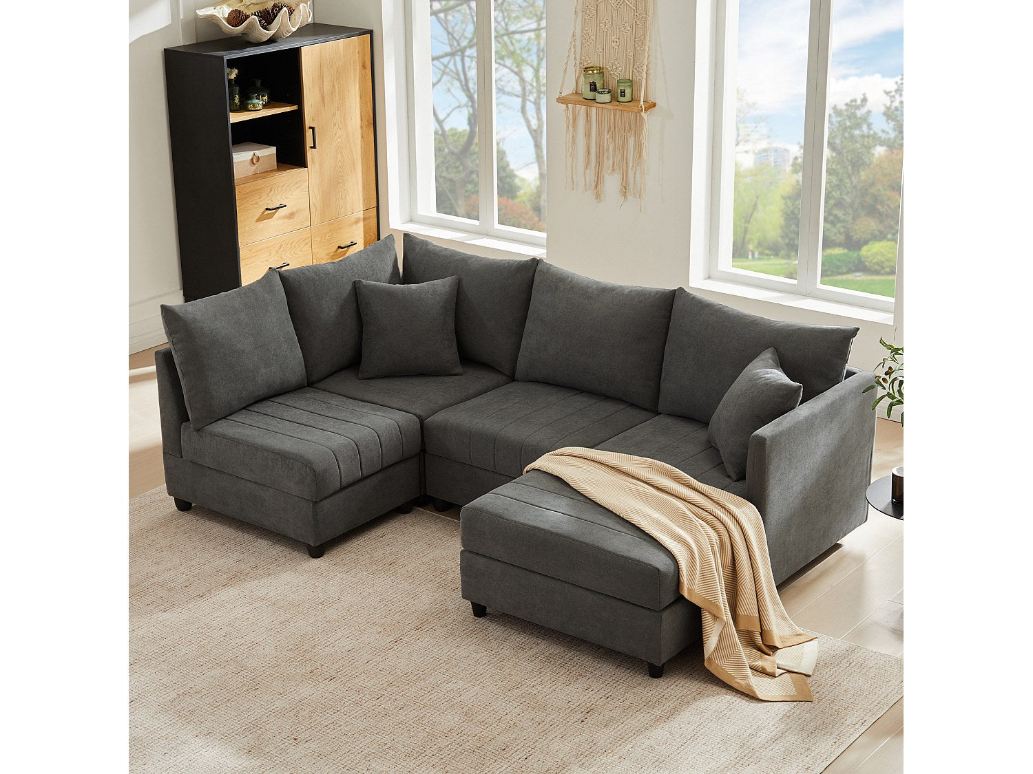 Canapé modulable convertible 5 places gris tissu