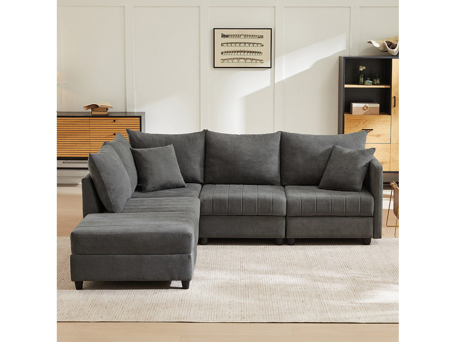 Canapé modulable convertible 5 places gris tissu