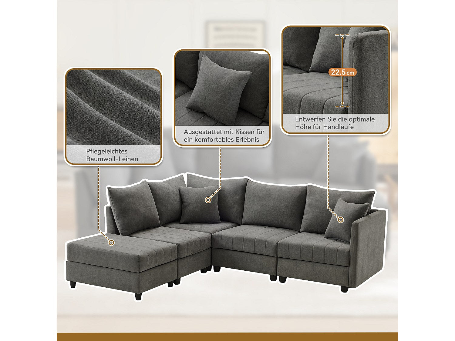 Canapé modulable convertible 5 places gris tissu