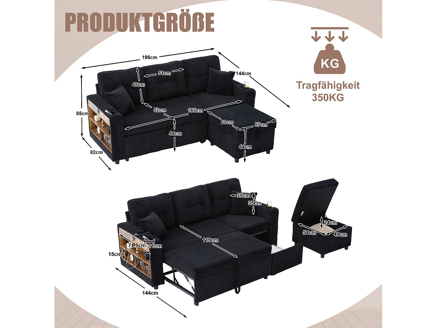 Angle pour canapé modulable convertible 3 places noir tissu - Allurex