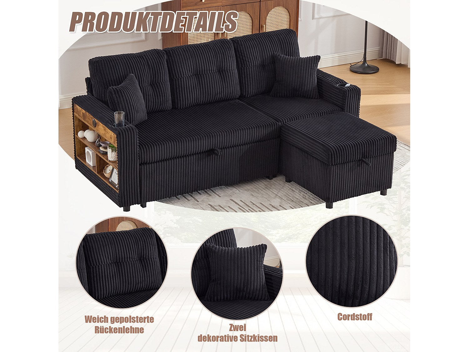 Angle pour canapé modulable convertible 3 places noir tissu - Allurex