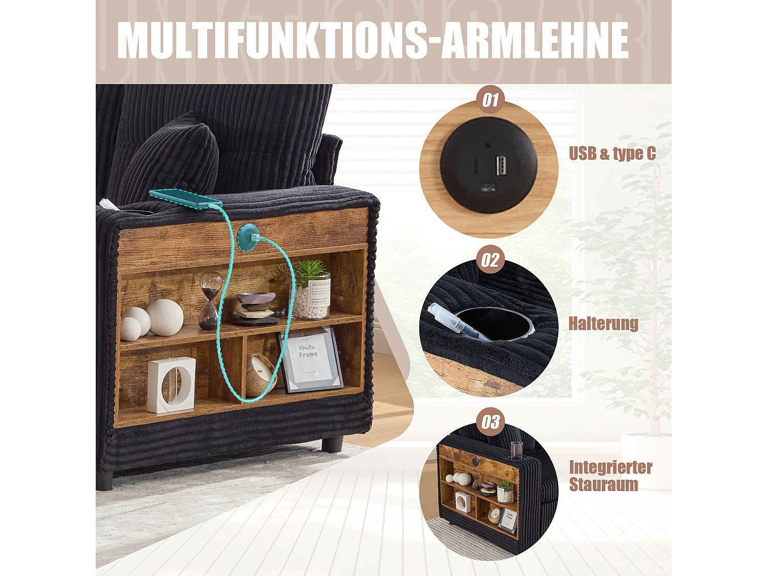 Angle pour canapé modulable convertible 3 places noir tissu - Allurex