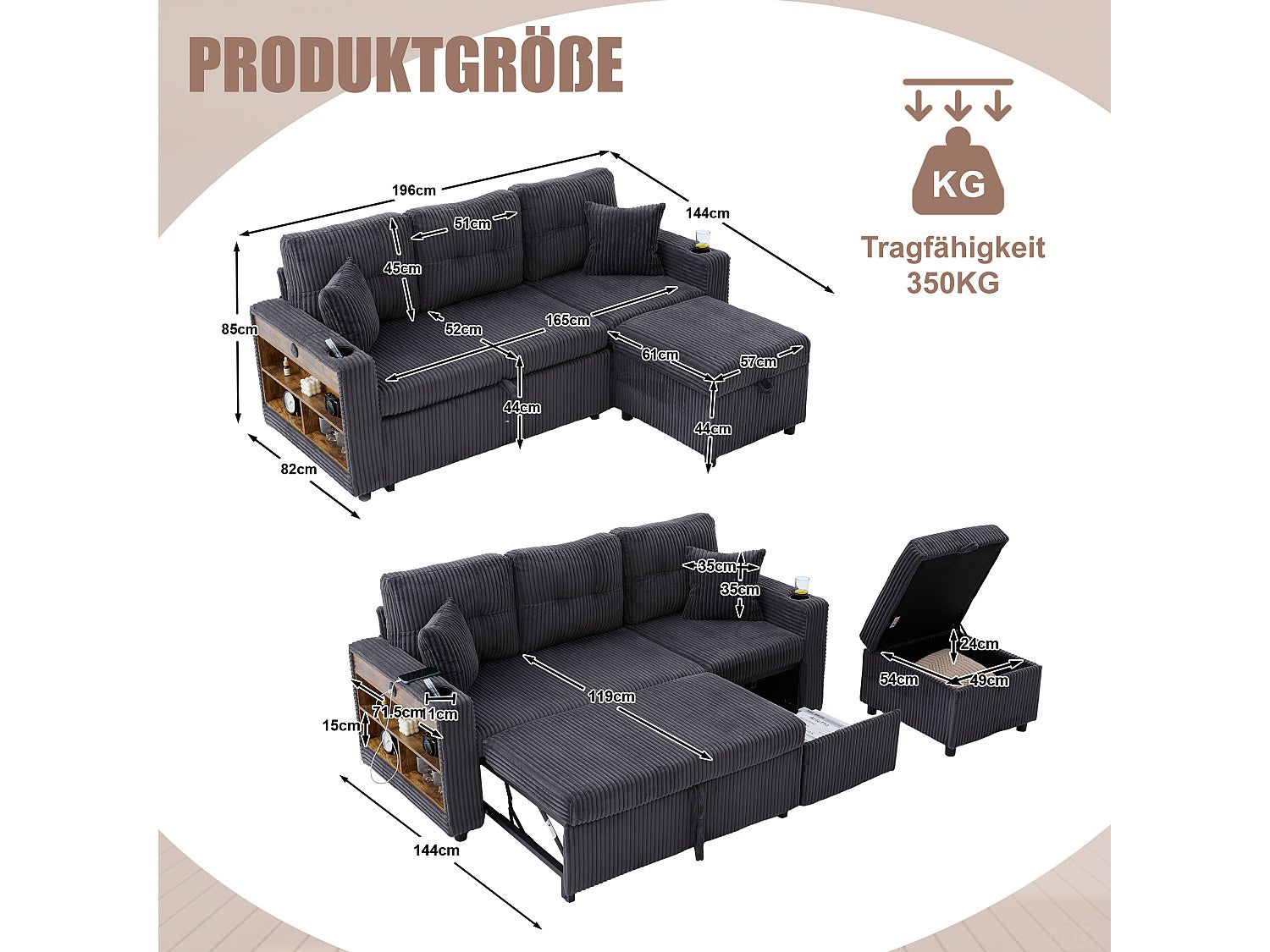 Angle pour canapé modulable convertible 3 places gris velours - Allurex