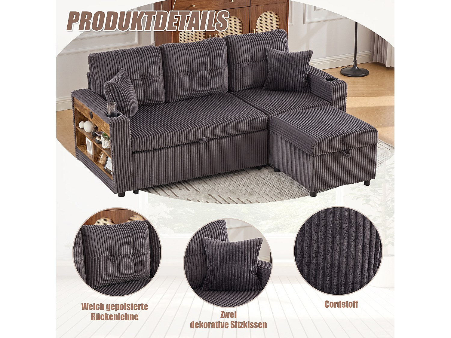 Angle pour canapé modulable convertible 3 places gris velours - Allurex
