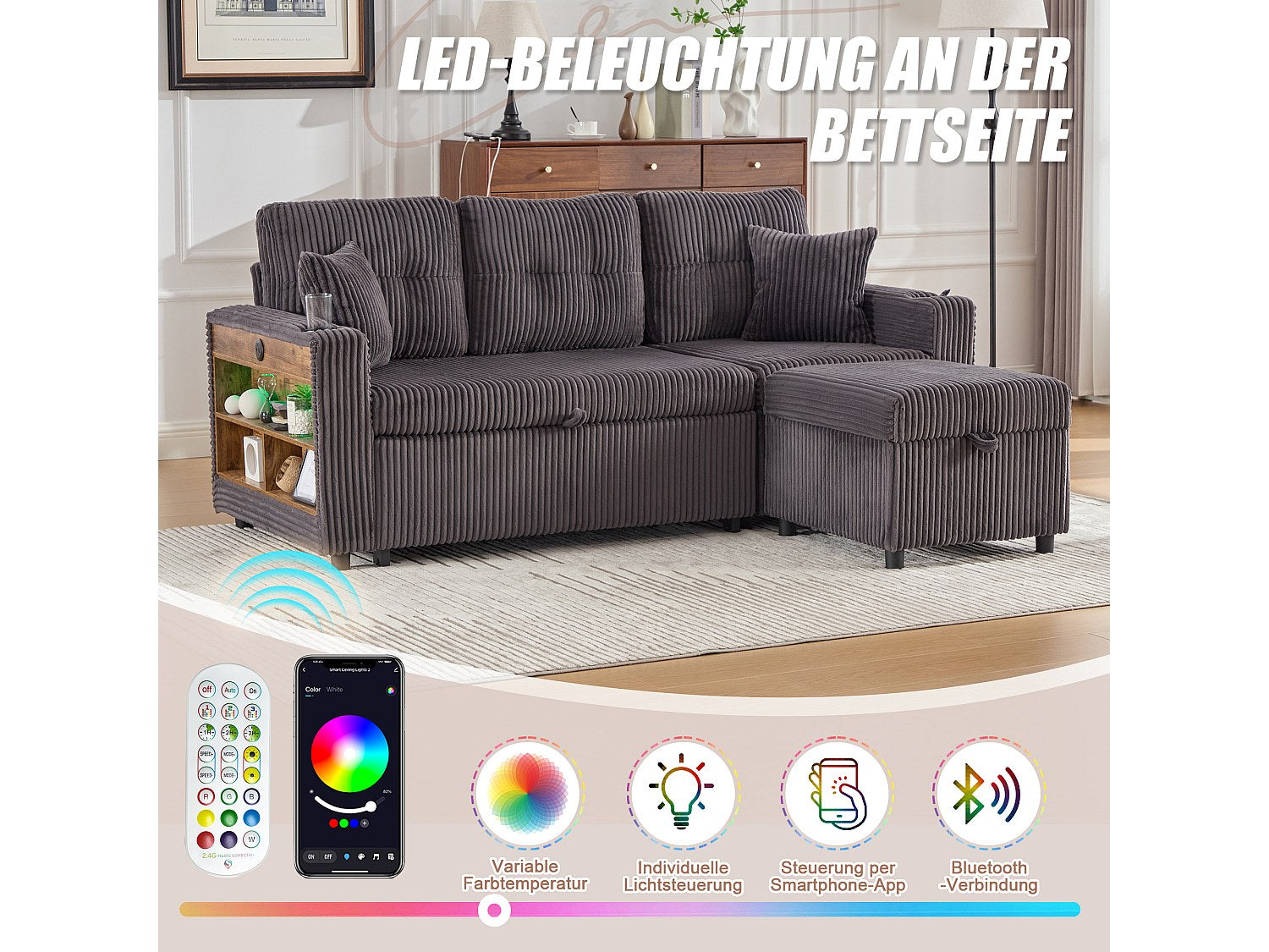 Angle pour canapé modulable convertible 3 places gris velours - Allurex