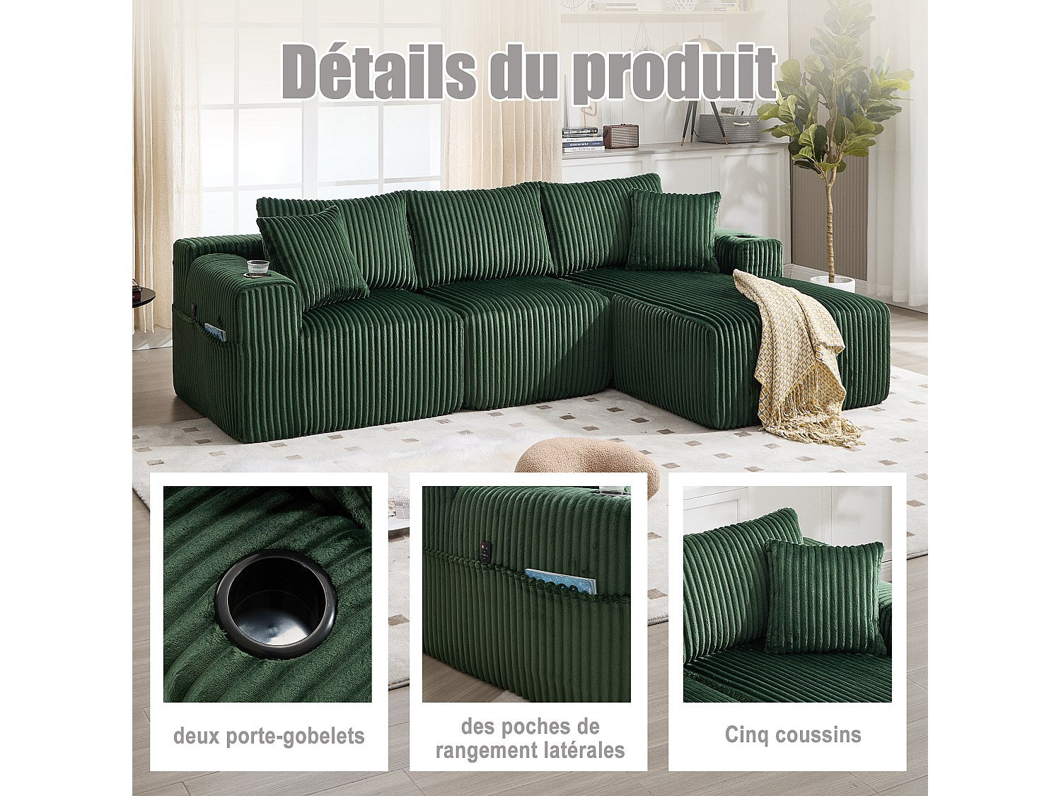 Canapé modulable convertible 3 places vert tissu