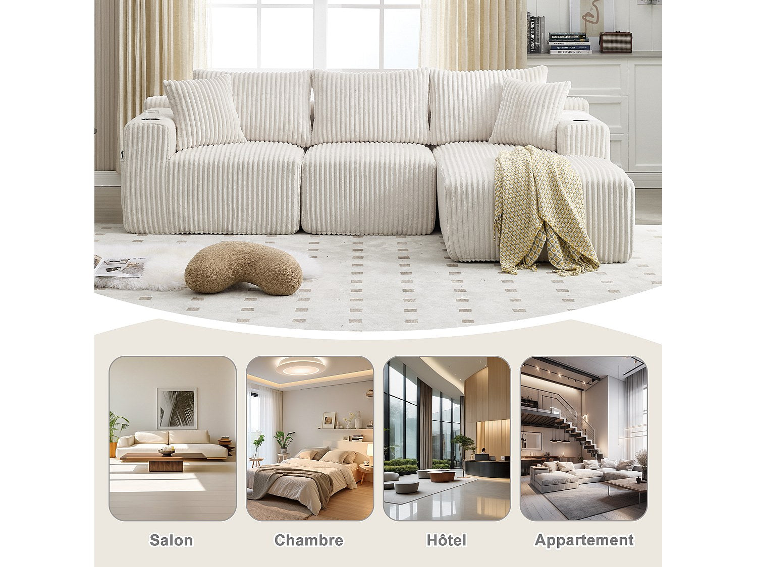 Canapé modulable convertible 3 places beige tissu
