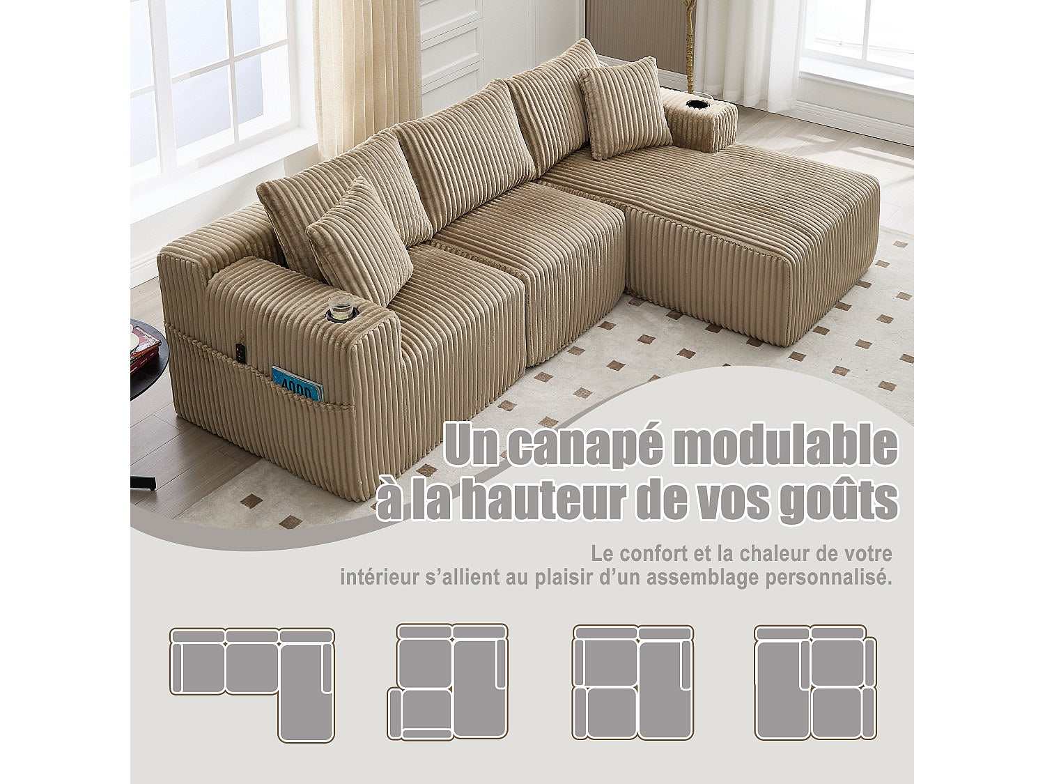 Canapé modulable convertible 3 places vert tissu
