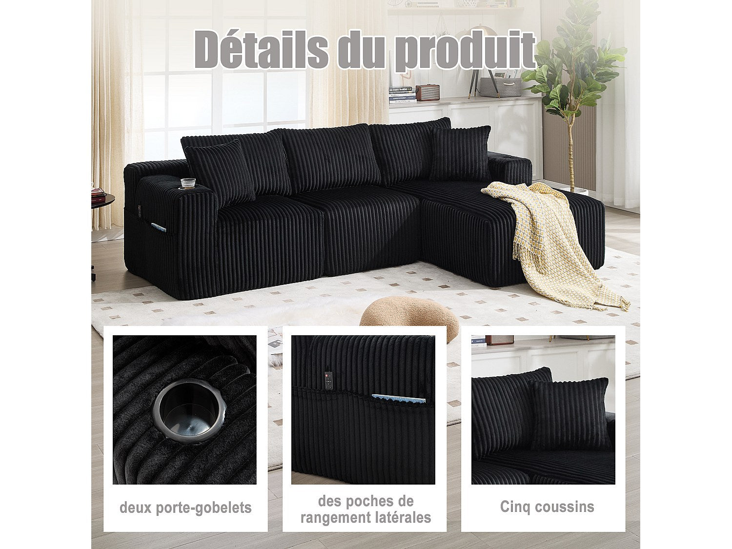 Canapé modulable convertible 3 places noir tissu