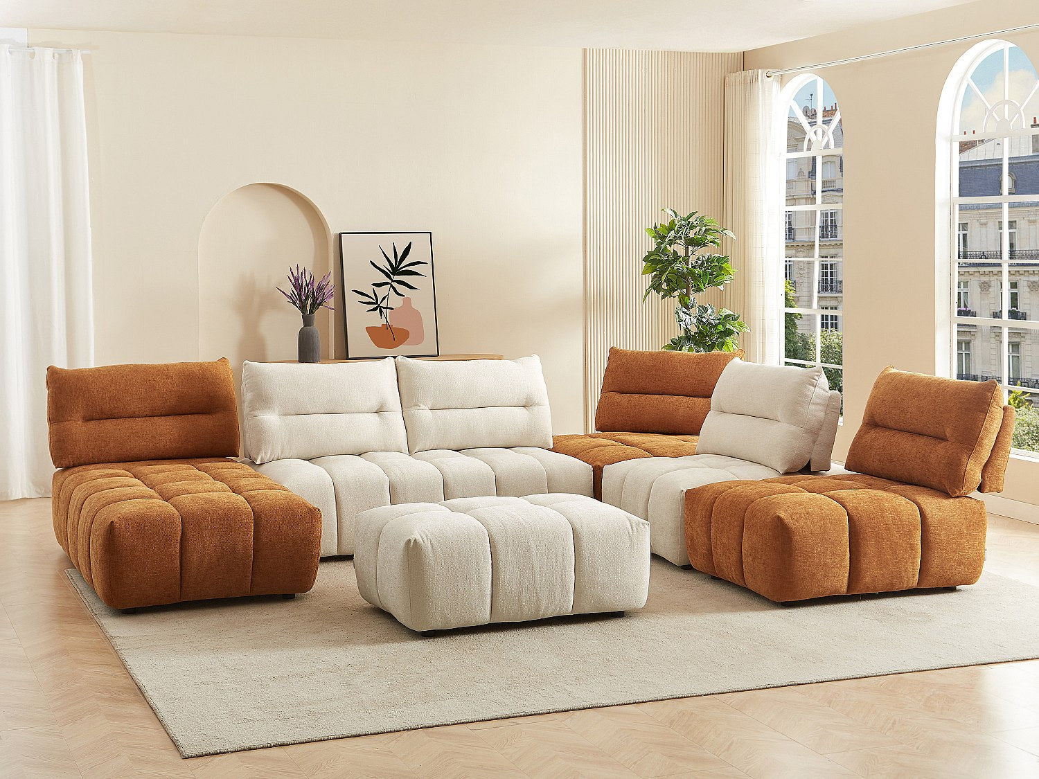 Pouf pour canapé modulable panoramique orange tissu