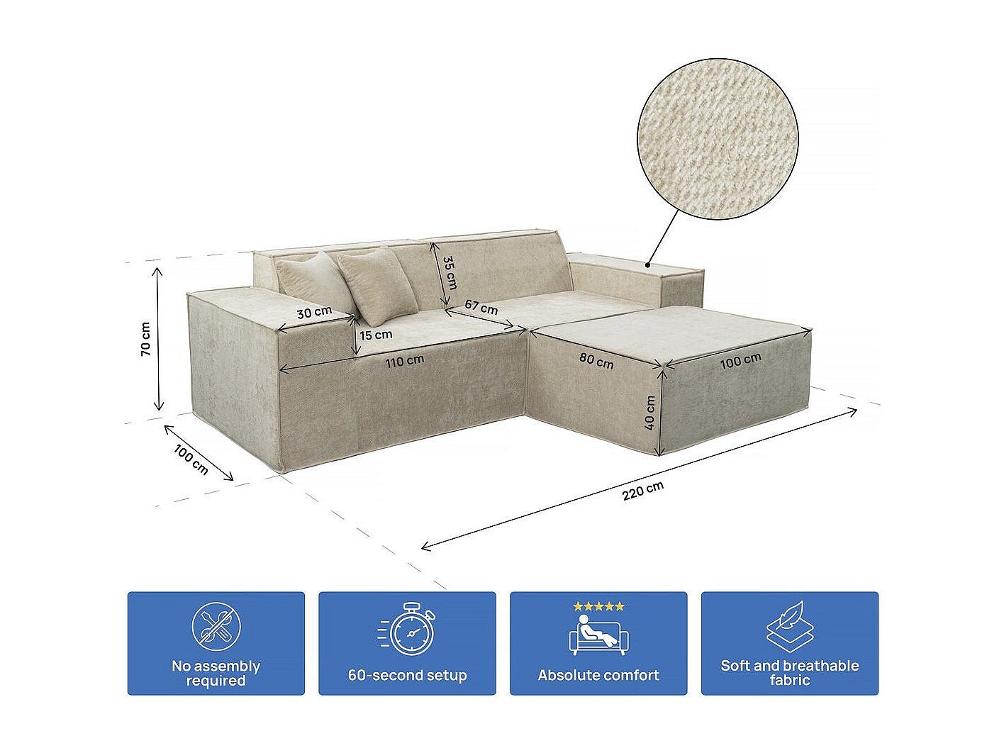 Canapé modulable 3 places beige tissu