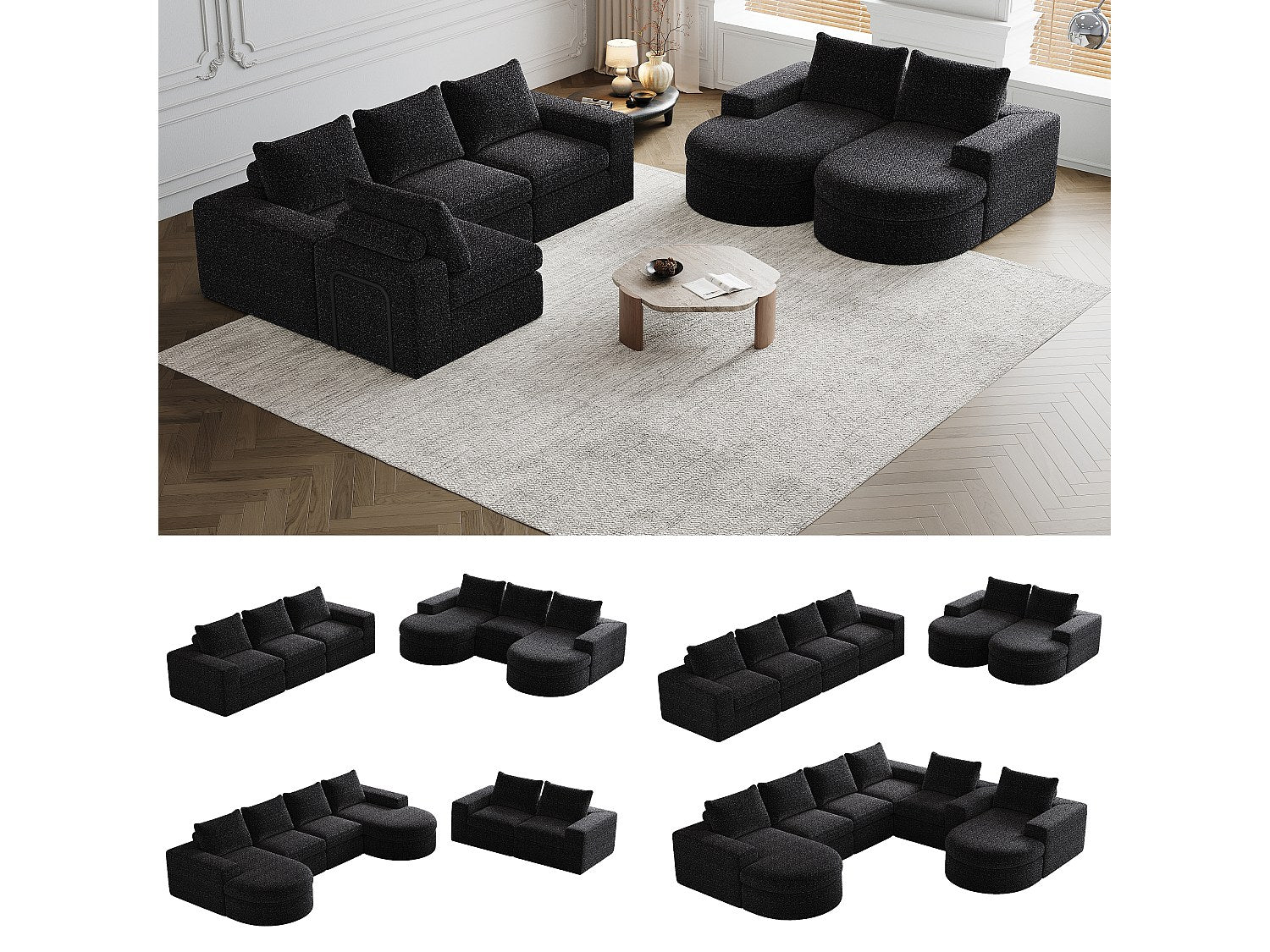Angle pour canapé modulable 6 places noir tissu