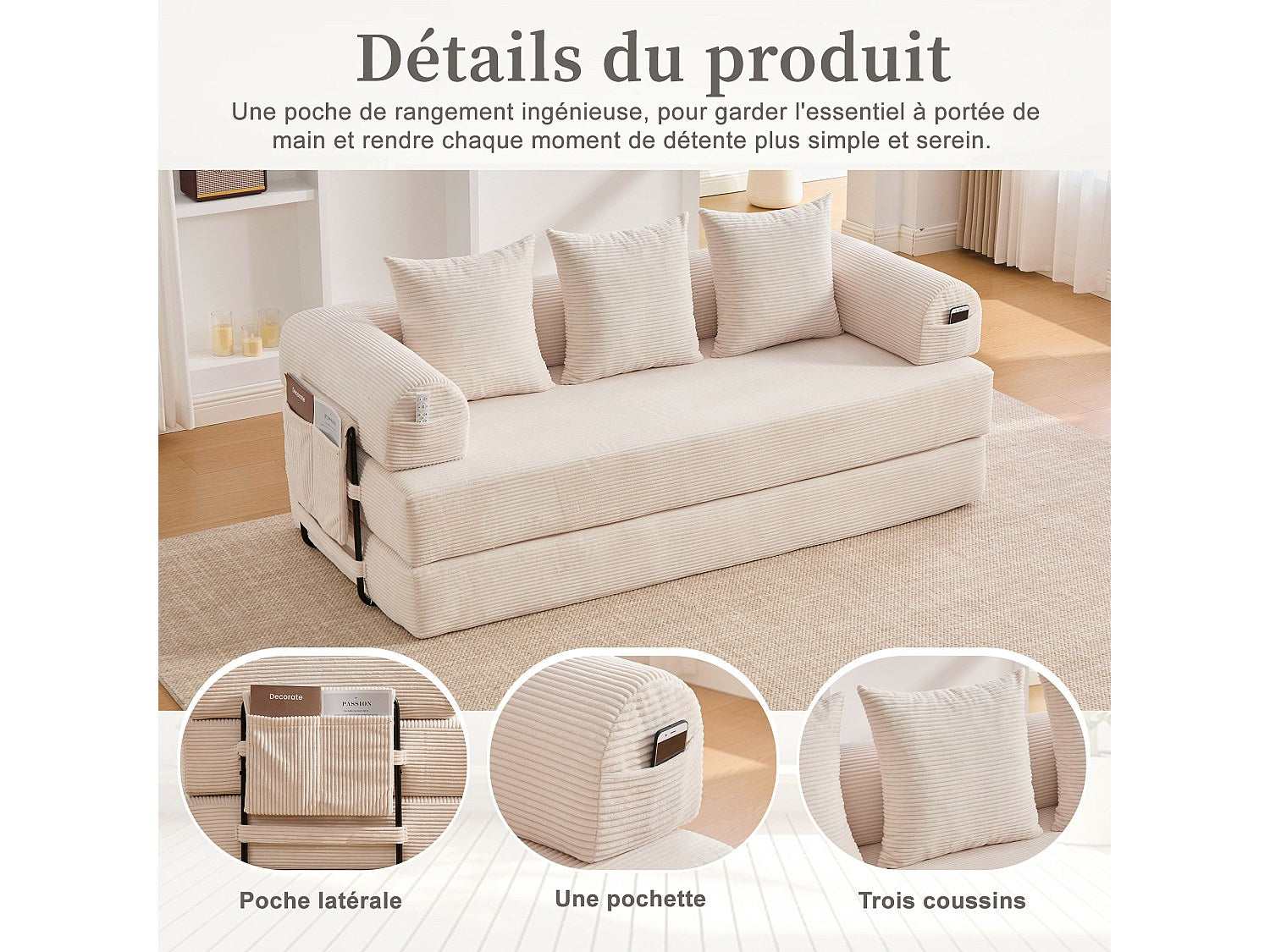 Canapé modulable beige tissu
