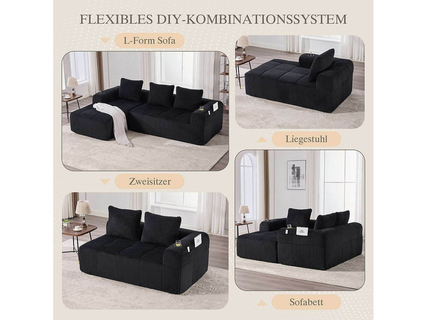 Canapé modulable noir velours