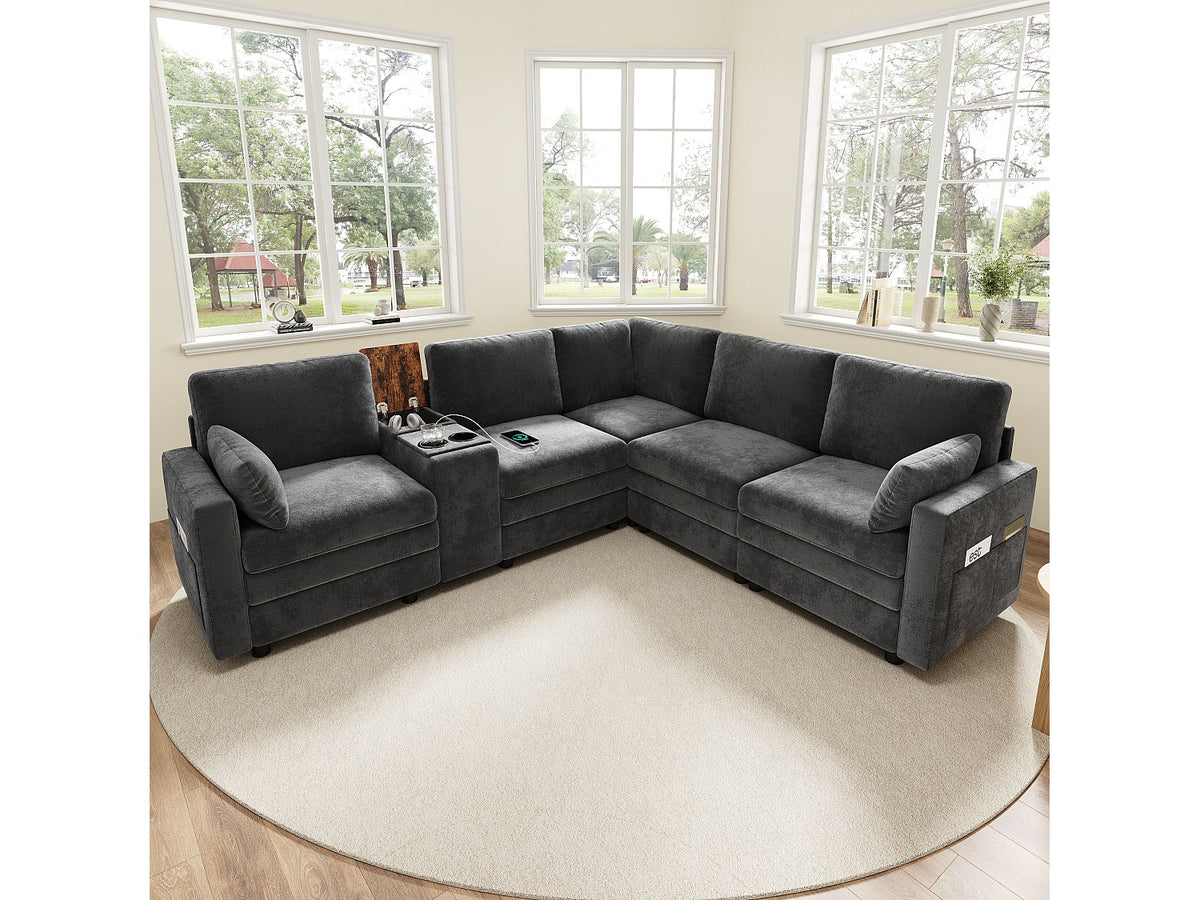 Angle pour canapé modulable 5 places gris velours