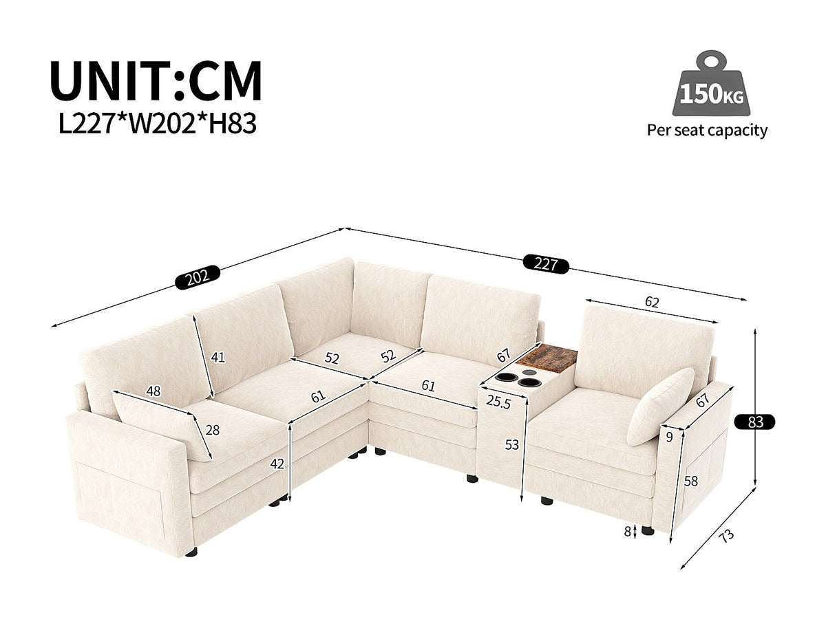 Angle pour canapé modulable 5 places beige velours