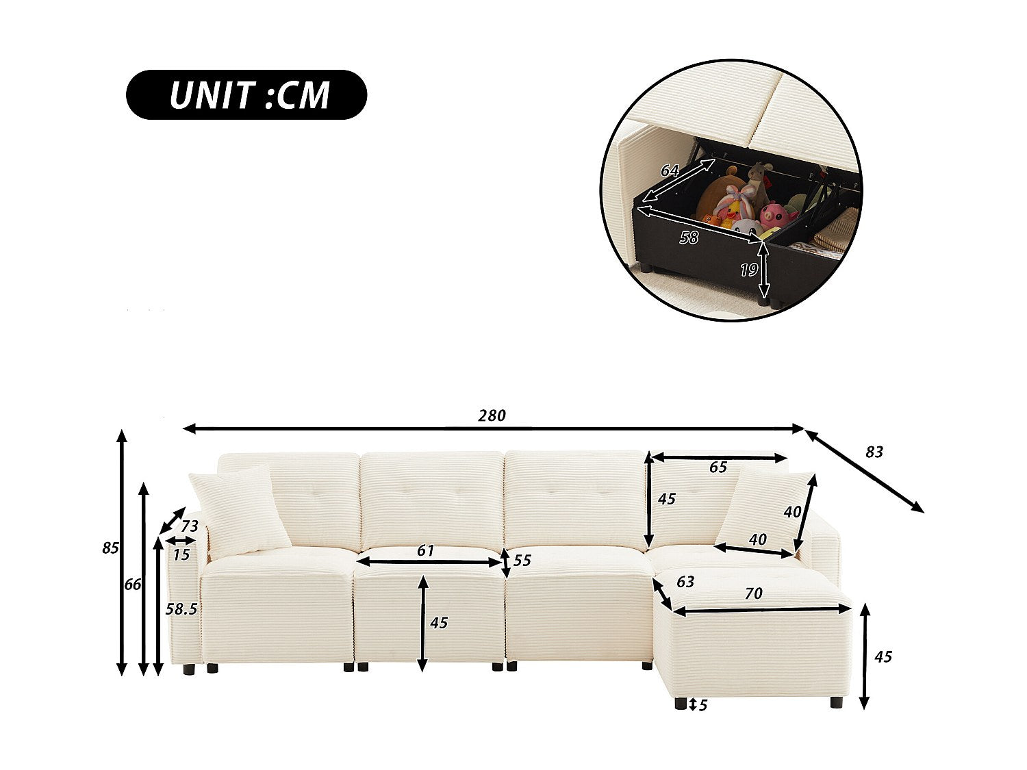 Pouf pour canapé modulable 4 places beige velours