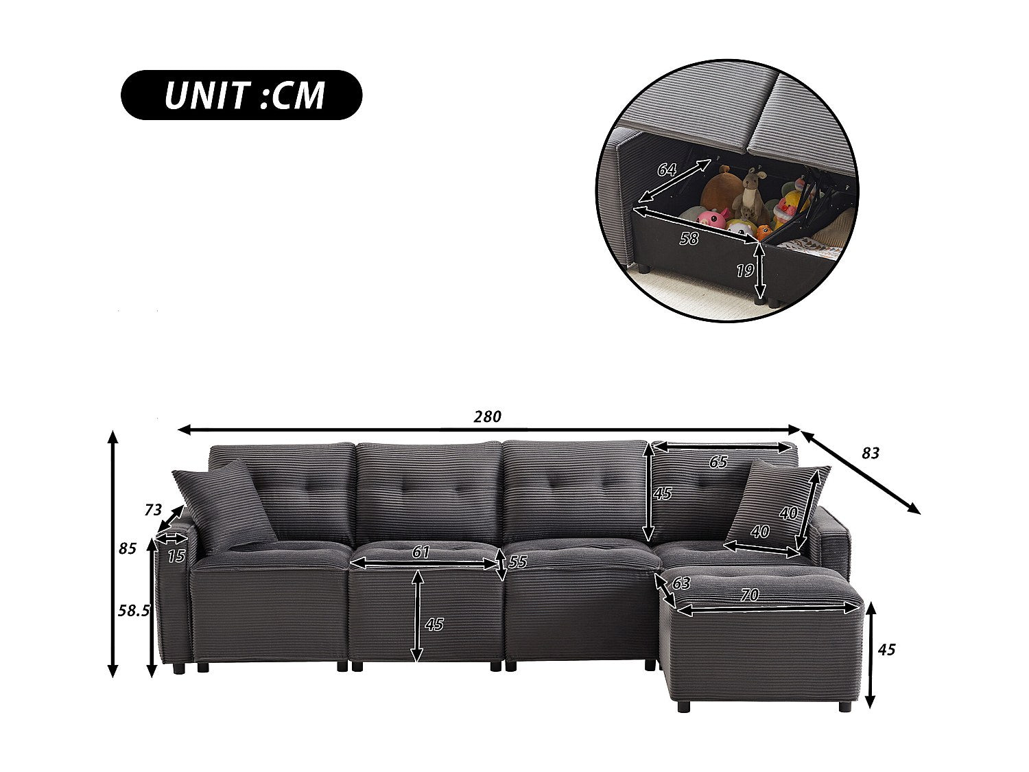 Pouf pour canapé modulable 4 places gris velours